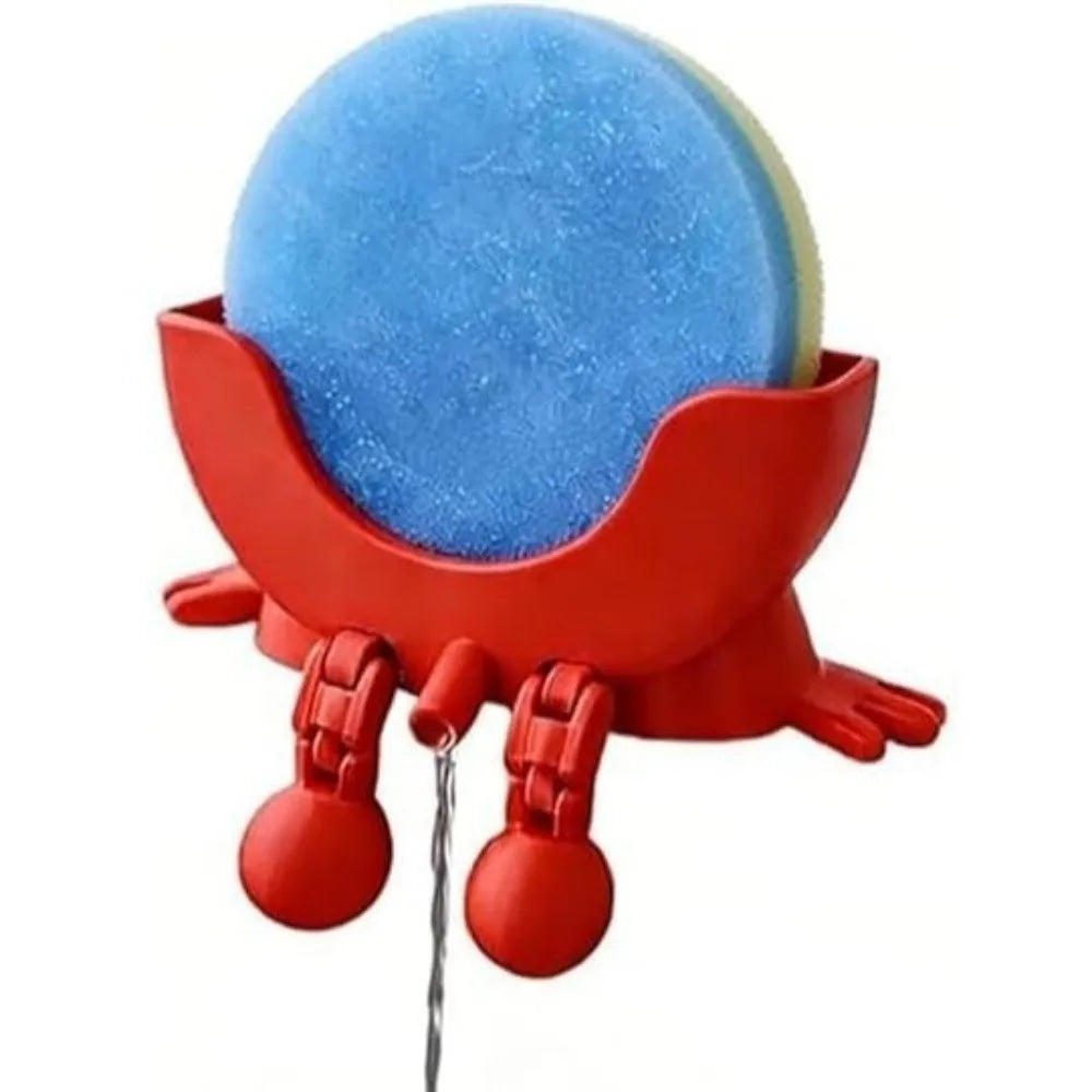 A red sponge holder with a blue, circular sponge inside, designed for kitchen drainage.