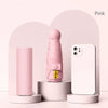 A pink folding UV protection umbrella next to a white smartphone on a light pink background.