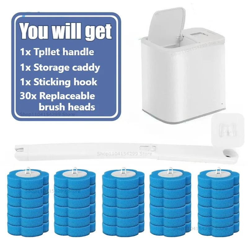 Kit de nettoyage pour brosse de toilette avec manche, porte-dessous, crochet et trente têtes de brosse remplaçables.