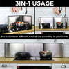 A 3-in-1 foldable stainless steel oil splash guard for stovetop showing various usage configurations.
