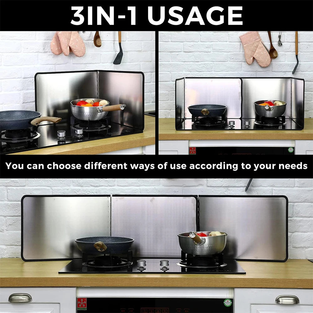 A 3-in-1 foldable stainless steel oil splash guard for stovetop showing various usage configurations.