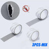 Three rolls of heavy duty waterproof window screen repair tape shown with a circular pattern and a small insect illustration.