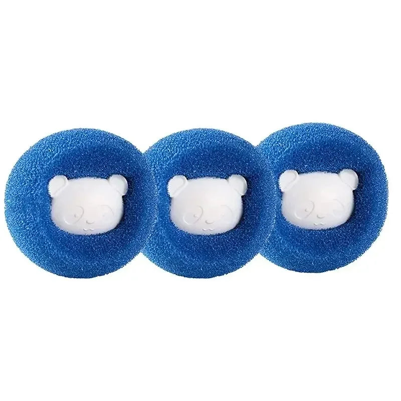 Three blue silicone pet hair and lint remover balls with white bear shapes