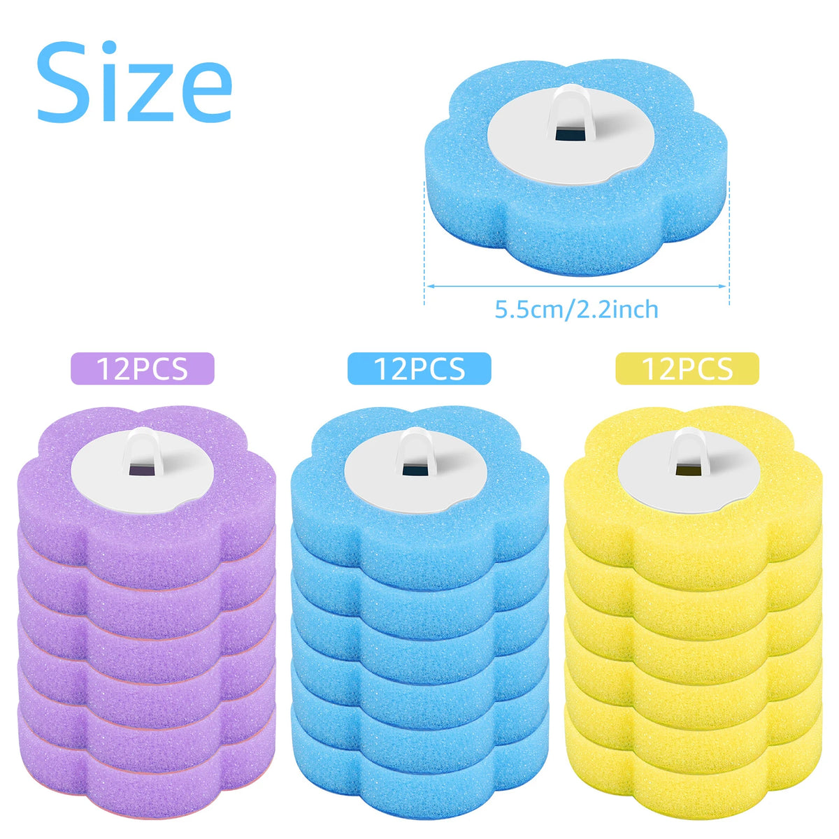 Three sizes of long-handled disposable toilet brush cleaning kits in purple, blue, and yellow.
