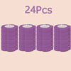 A set of twenty-four purple reusable toilet cleaning brushes stacked in a row.