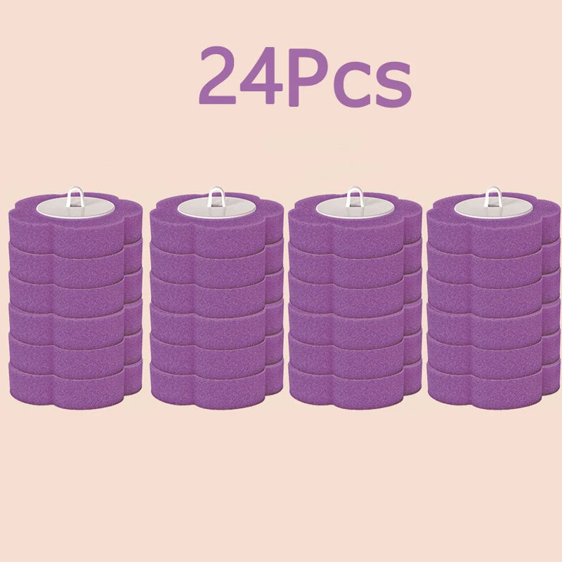 A set of twenty-four purple reusable toilet cleaning brushes stacked in a row.
