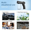 A black nano steam sprayer bottle is shown in various contexts including a car interior, for daily flower watering, a home en