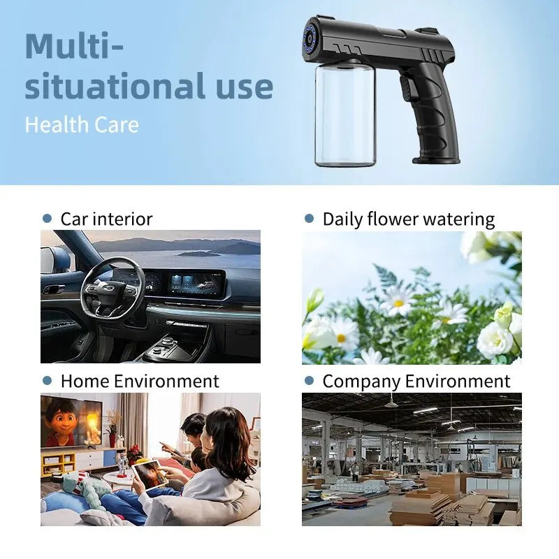 A black nano steam sprayer bottle is shown in various contexts including a car interior, for daily flower watering, a home en