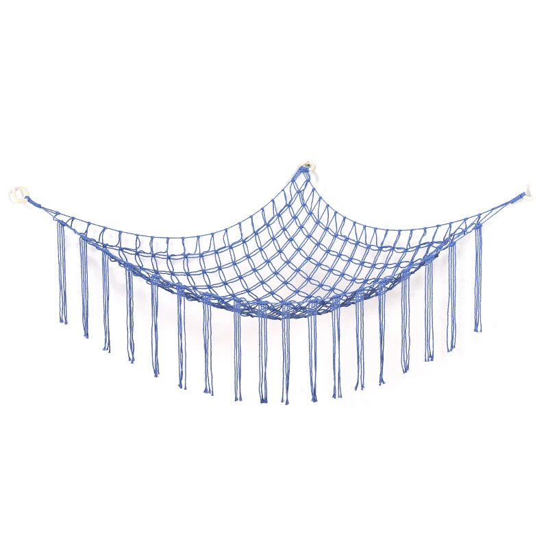 Blue plush animal hammock storage net with fringe details
