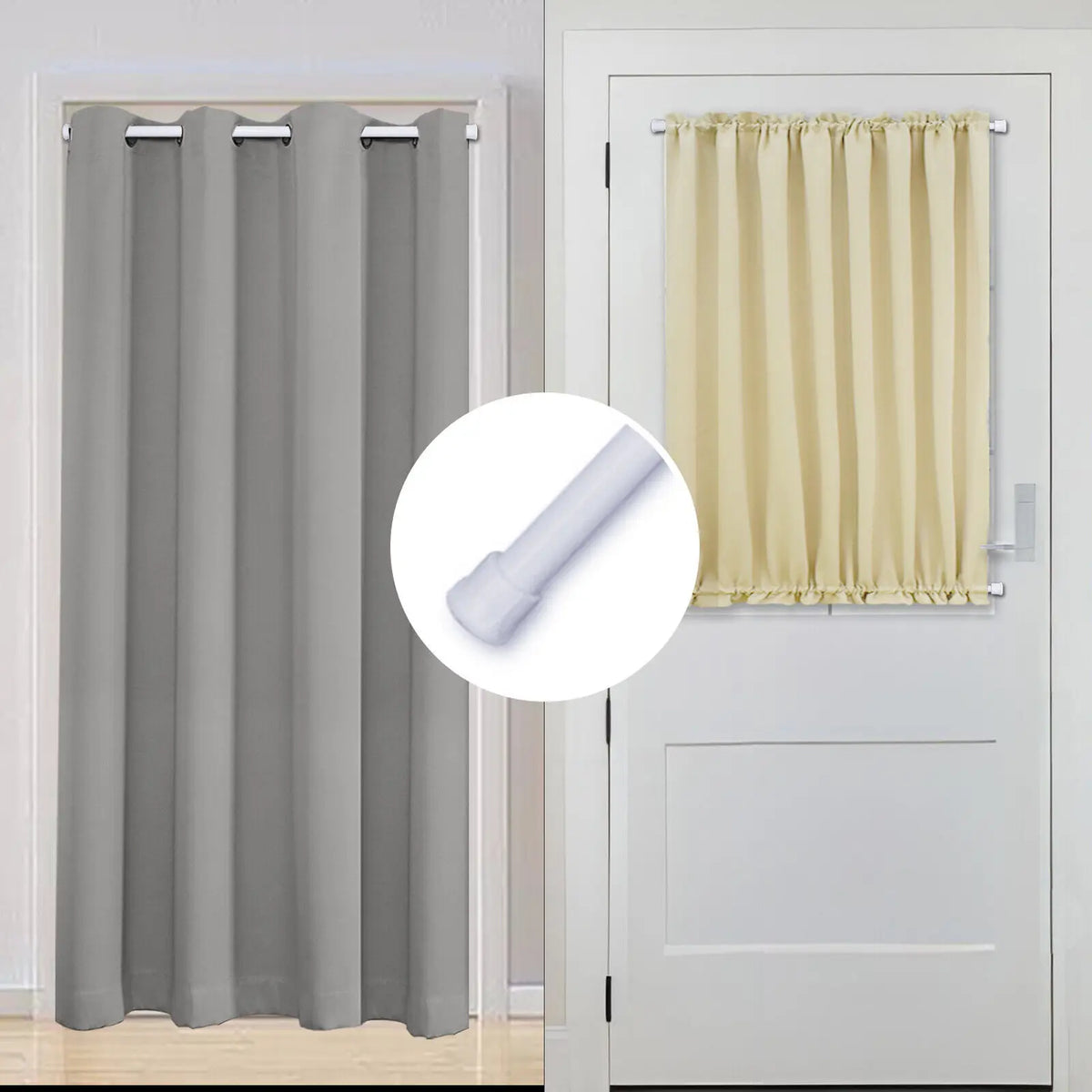 A comparison showing a gray pleated curtain and a beige pleated curtain, alongside an adjustable telescopic curtain rod.