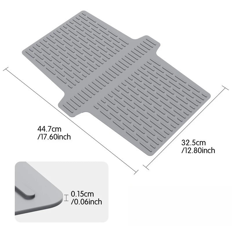 A gray non-slip silicone kitchen sink protector mat with drainage features shown from above and a close-up of the edge.