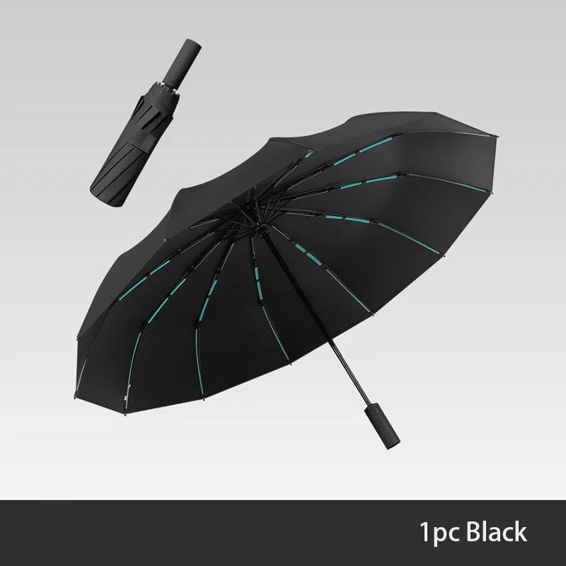 A black heavy-duty automatic windproof umbrella is shown with its handle detached.