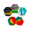 A collection of colorful hexagonal silicone storage jars in various shades including purple, green, black, and orange.