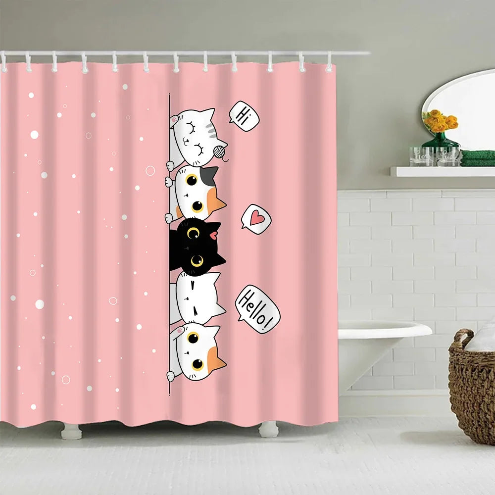 Pink shower curtain featuring cute cartoon cats and speech bubbles