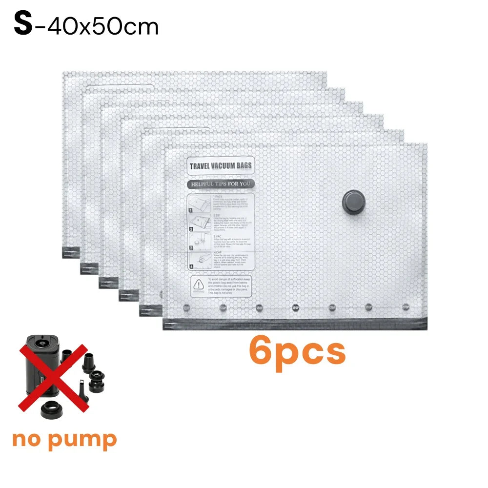 A set of six clear vacuum storage bags with an electric pump, stacked on a white background.