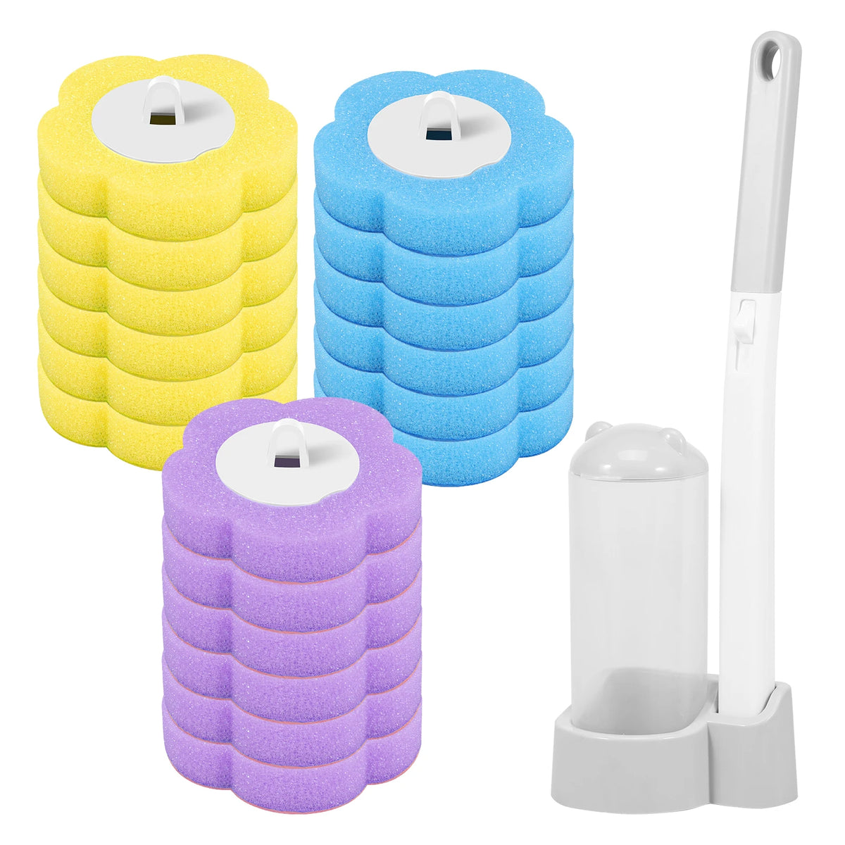 A set of three colored disposable toilet brushes with long handles and cleaning heads in yellow, blue, and purple.