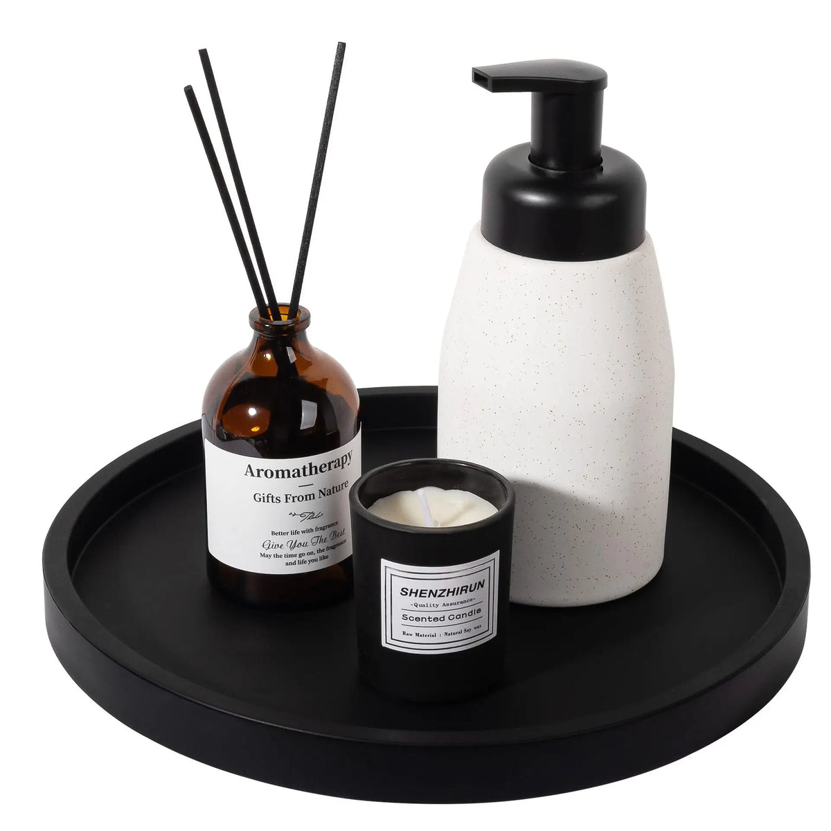 A set of silicone kitchen and bathroom tray organizers, including a dark glass bottle and a white pump dispenser.