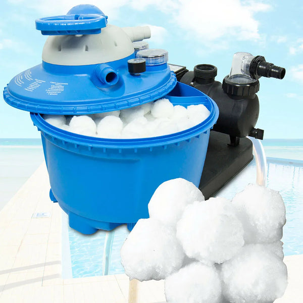 A blue filter ball device is shown with white filter balls in a pool, demonstrating durable filter balls for pool cleaning.