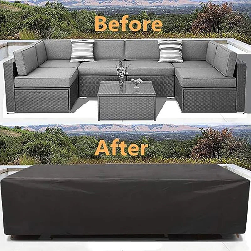 Comparaison avant/après d'une housse de protection anti-pluie pour mobilier de jardin sur un canapé gris sectionnel.
