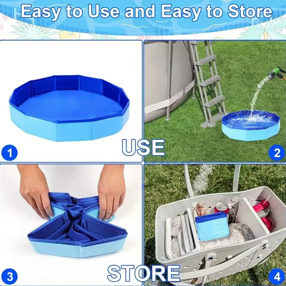 A portable folding foot bath basin in blue and light blue is shown being used for pool cleaning and stored in a carrying case