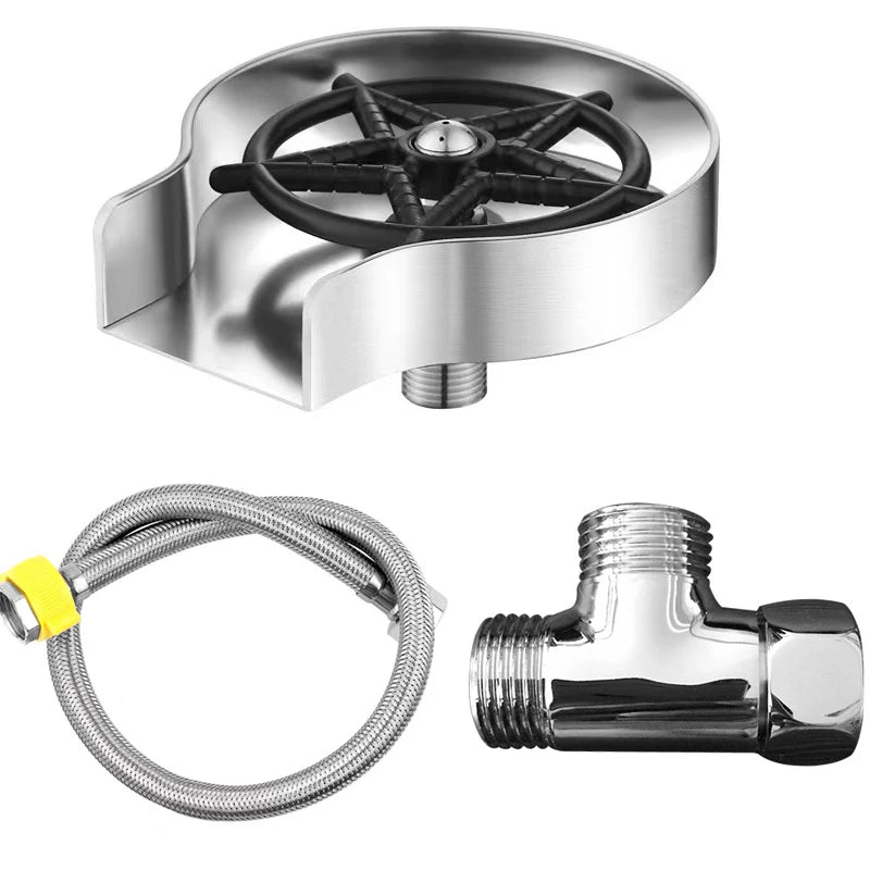 A stainless steel high-pressure faucet glass rinser for bars and kitchens shown with its coiled flexible hose.