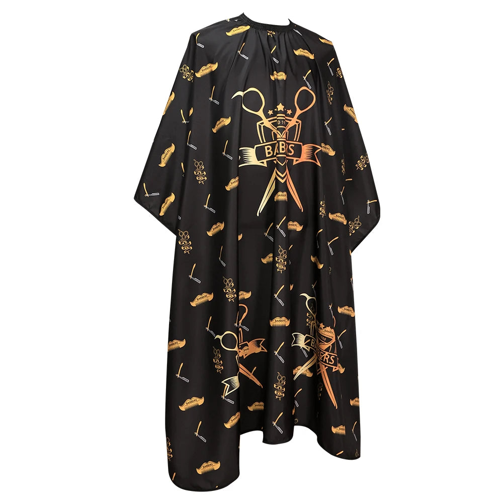 Black professional salon hair cutting cape featuring gold embroidery and a decorative neck closure