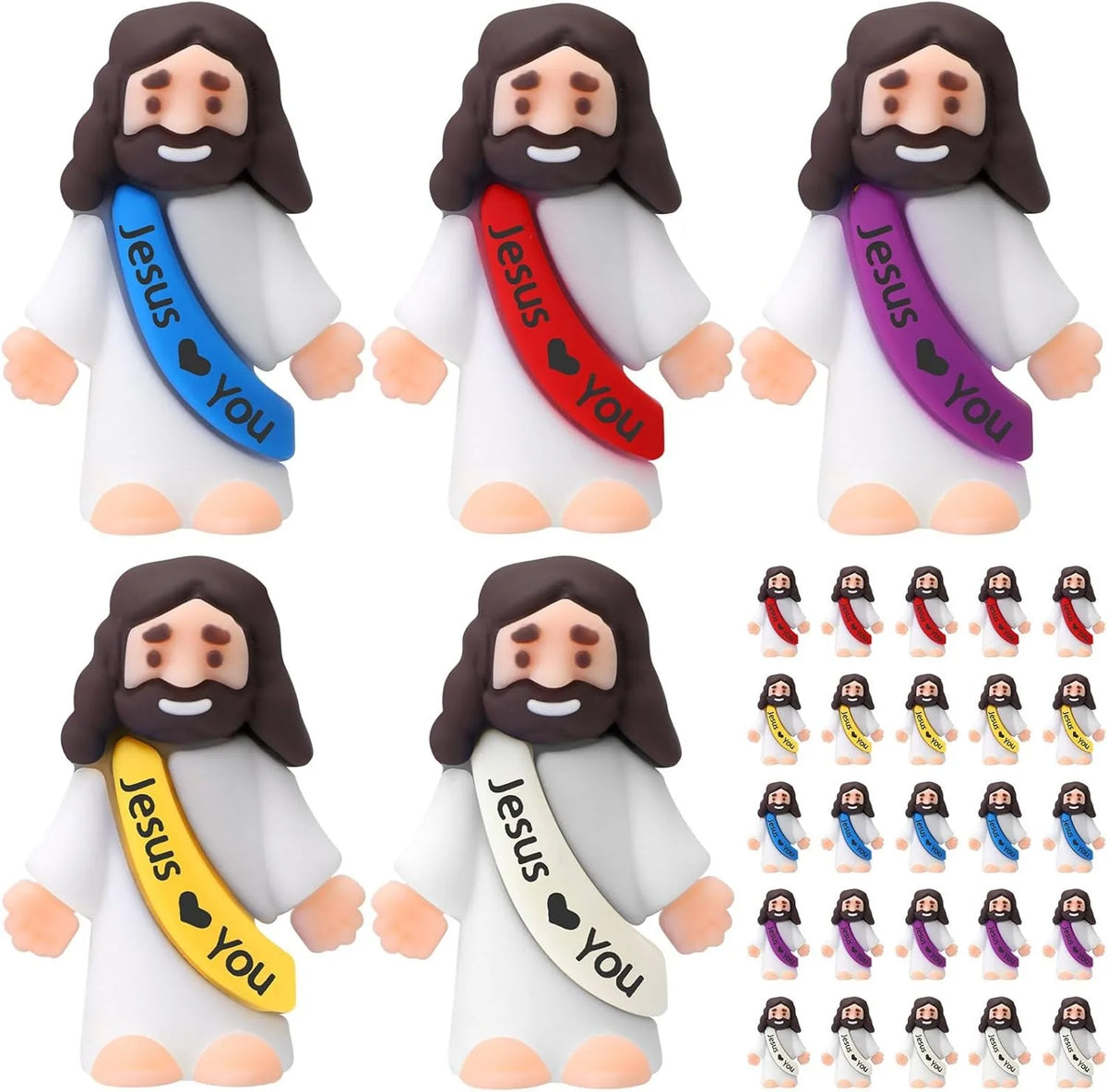 Un ensemble d'ornements miniatures de Jésus dans diverses couleurs, y compris blanc, violet et rouge, pour la foi et la céléb