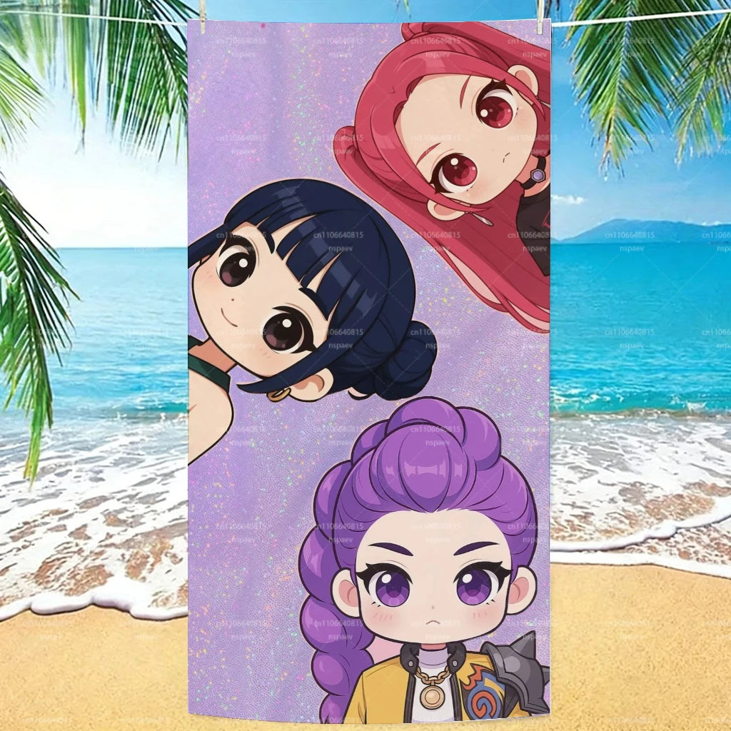A vertical poster featuring three chibi anime girls with pink and purple hair in a beach setting.