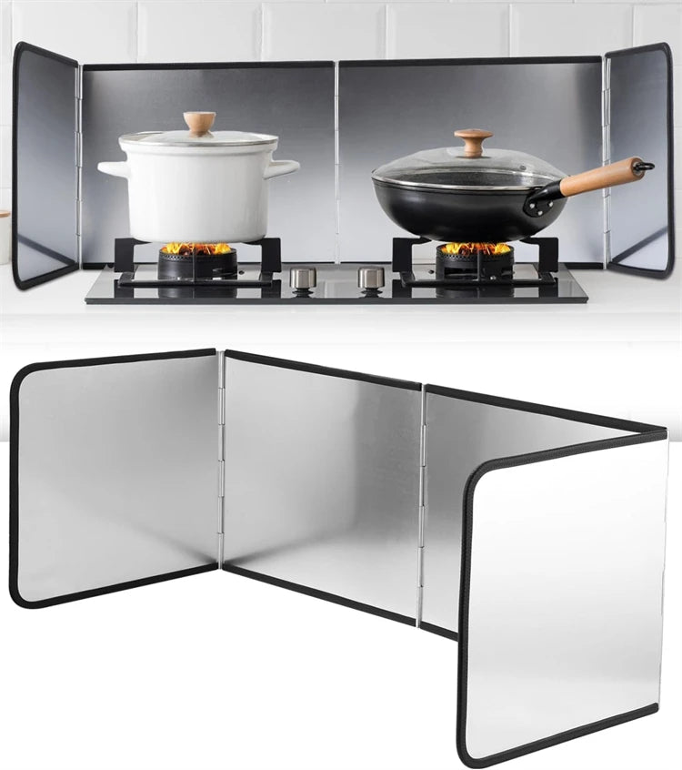 Foldable stainless steel oil splash guard for stovetop showing a frying pan and pot on a burner.