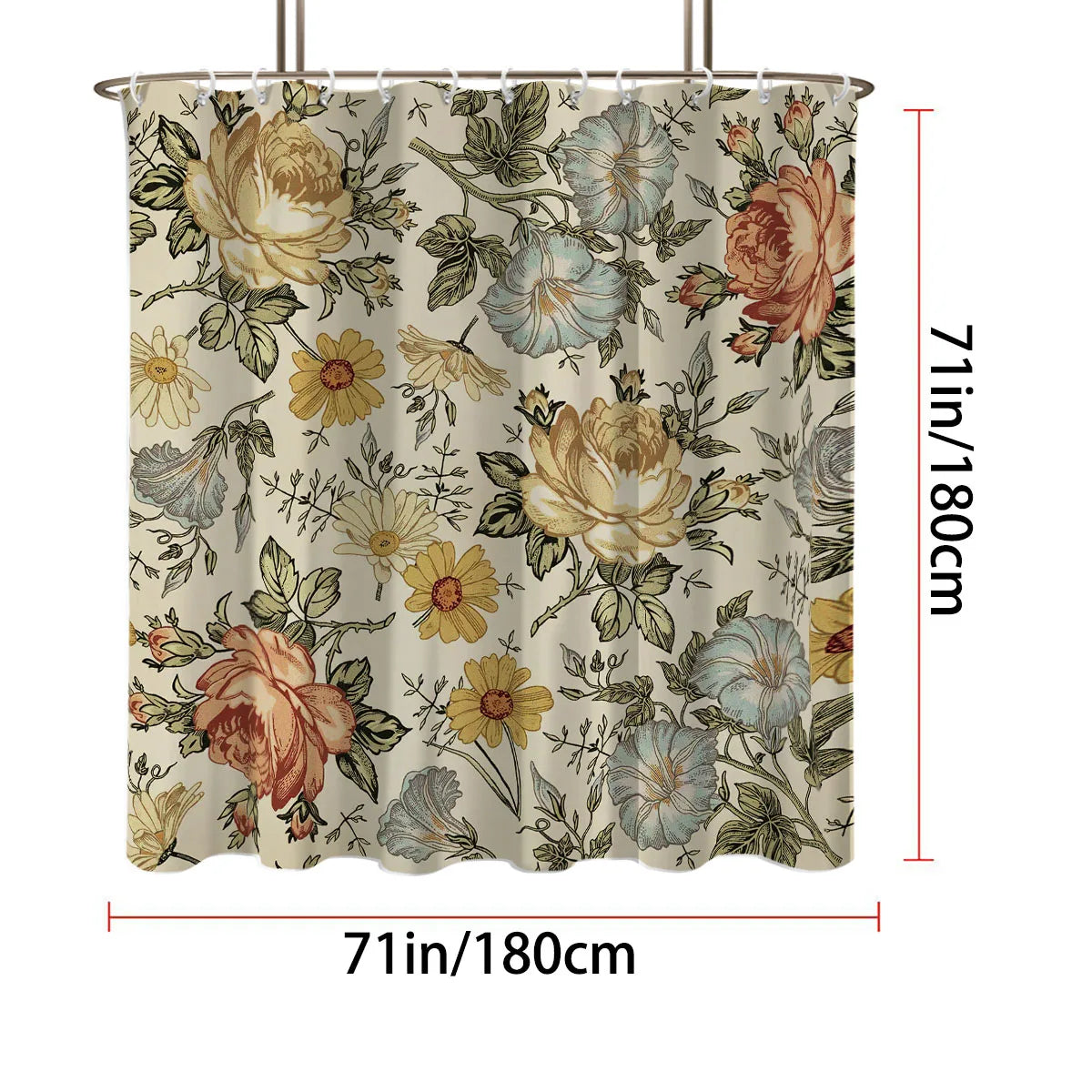 A beige shower curtain featuring a retro floral print with roses and leaves, measuring 71 inches by 180 cm.