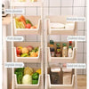 A multi-tier rolling storage rack with compartments for bottle, fruit, vegetable, and condiment storage.