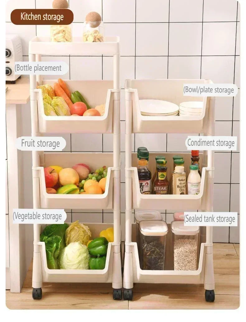 A multi-tier rolling storage rack with compartments for bottle, fruit, vegetable, and condiment storage.