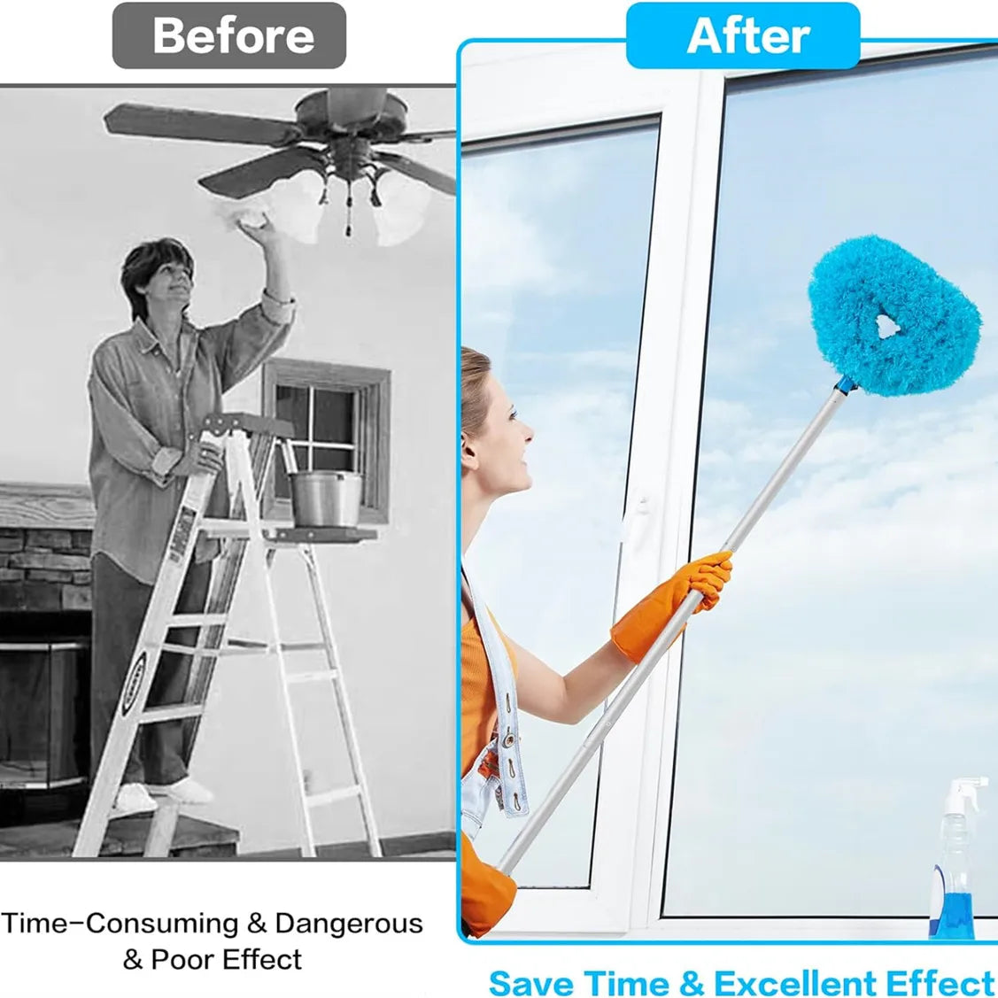 Before and after comparison showing an extendable ceiling fan duster set cleaning a window.