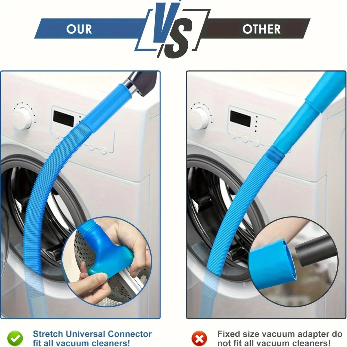 Comparison image showing a blue stretch universal connector for vacuum cleaners versus a fixed size vacuum adapter.
