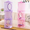A multi-layer mesh hanging storage organizer in purple and pink for organizing small items.