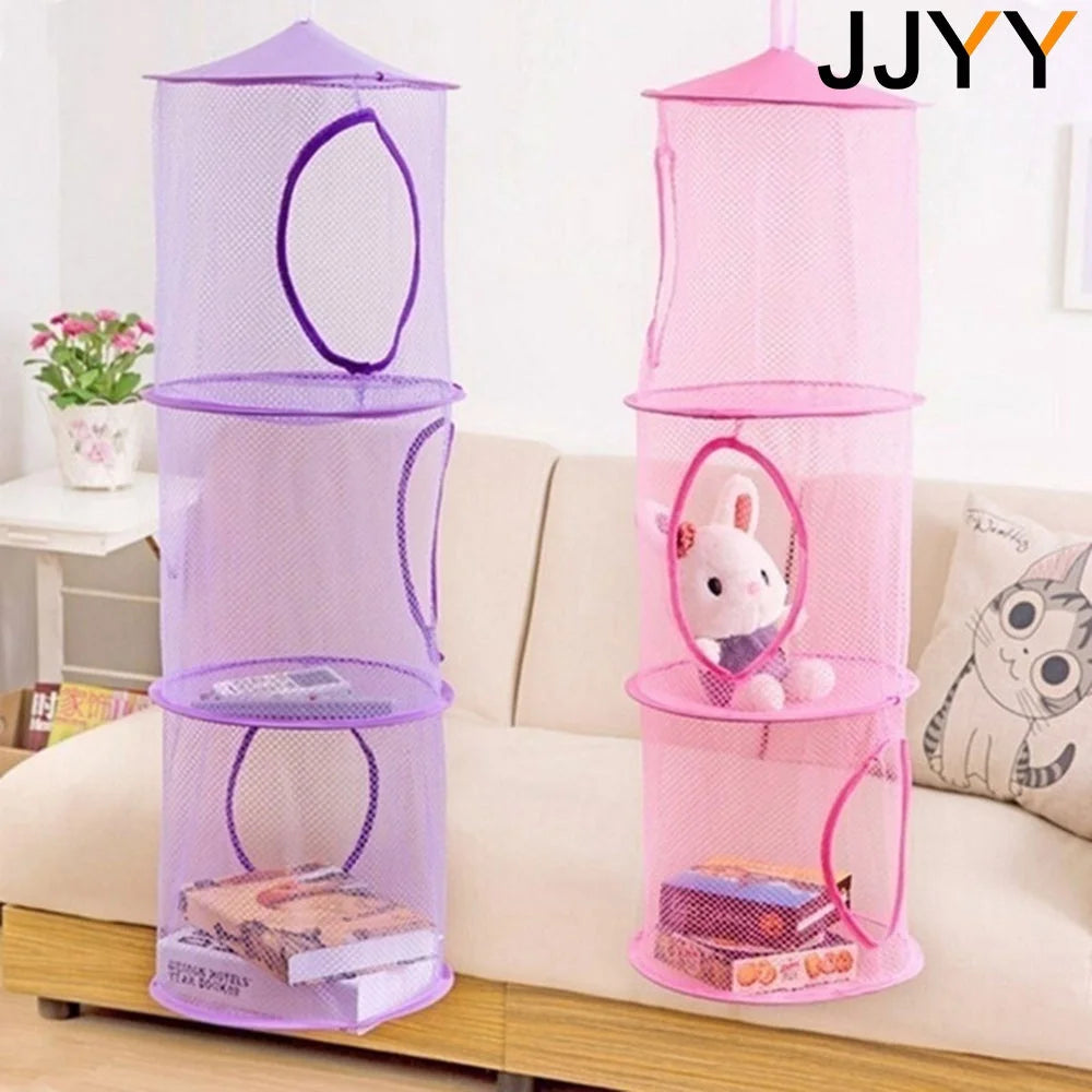 A multi-layer mesh hanging storage organizer in purple and pink for organizing small items.