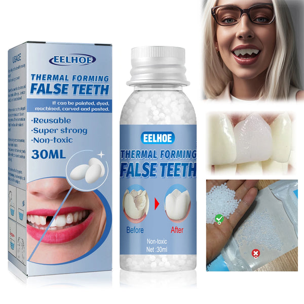 Box and bottle of thermal forming false teeth for temporary fillings with instructions and usage examples