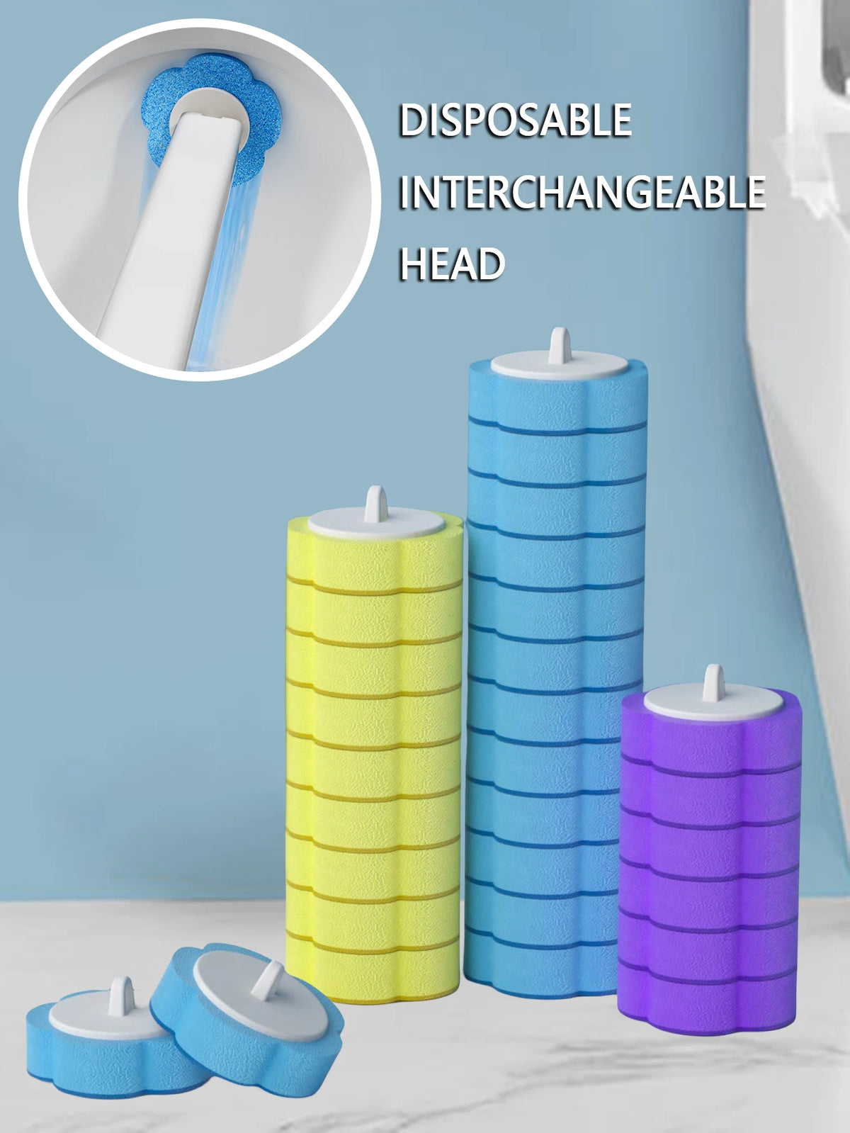 Cabezales de cepillo para limpiar inodoros desechables intercambiables en varios colores como amarillo, azul y morado.