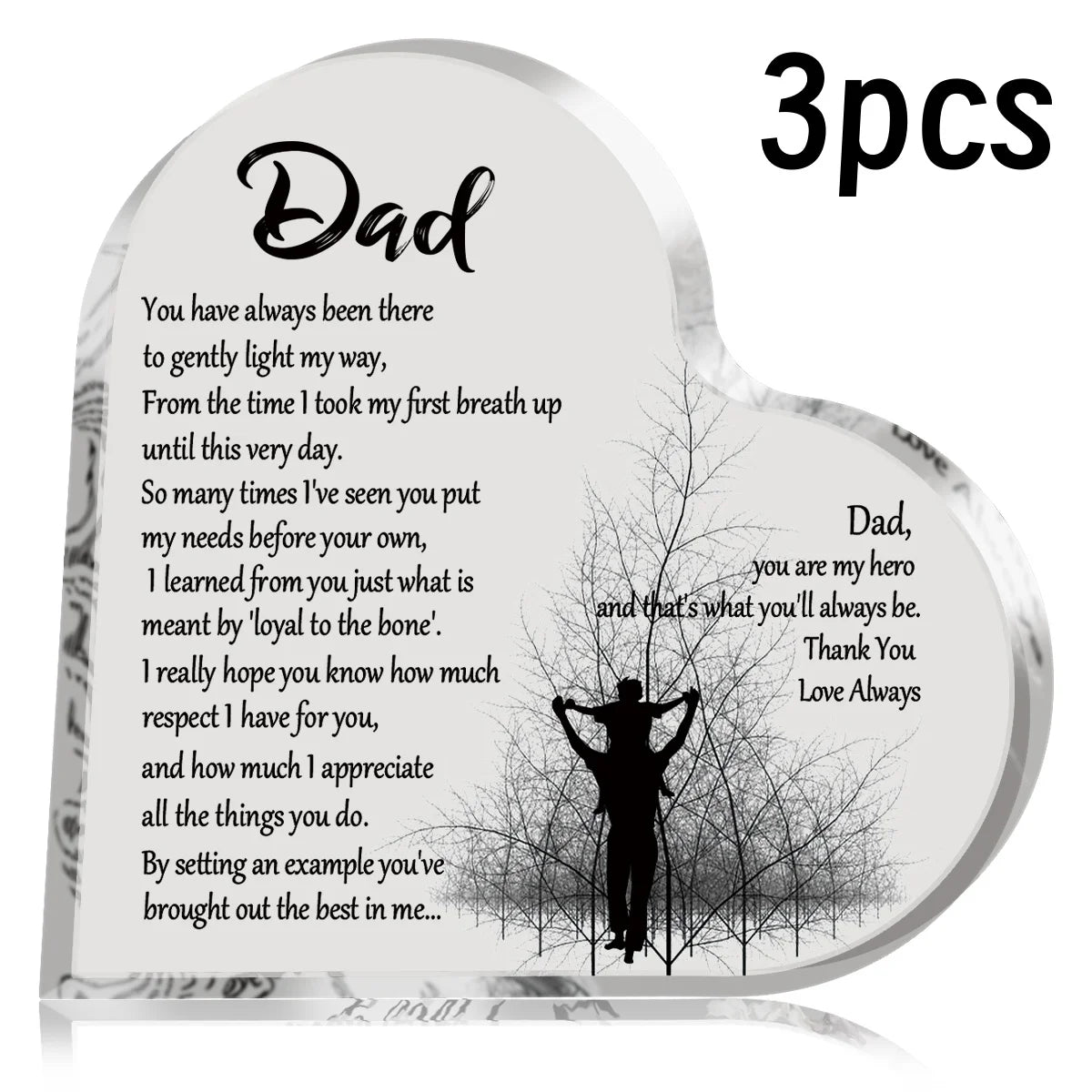 A heart-shaped acrylic keepsake plaque with a handwritten message for Dad