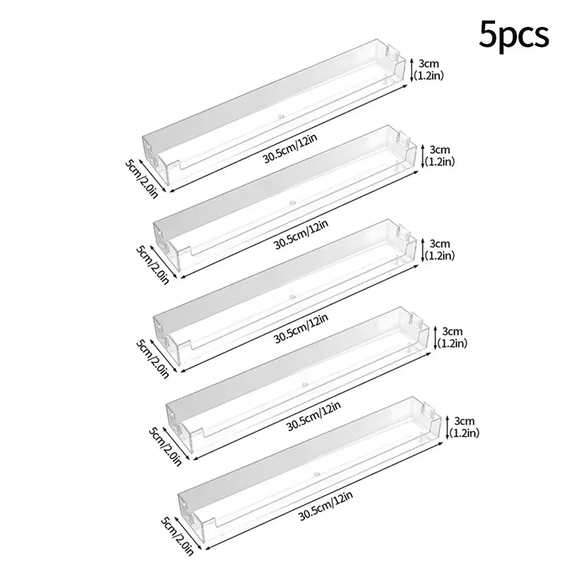 Five wall mounted acrylic display shelves with various lengths and thicknesses shown side by side.