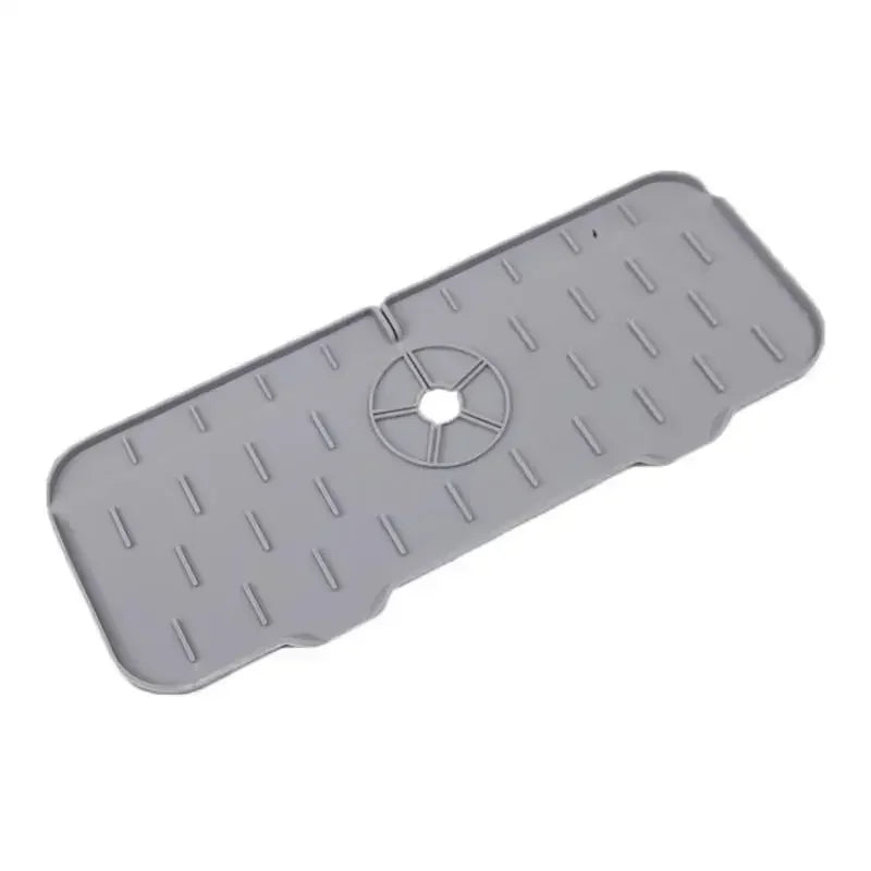 Gray silicone kitchen sink drainer and splash guard mat with multiple drainage holes