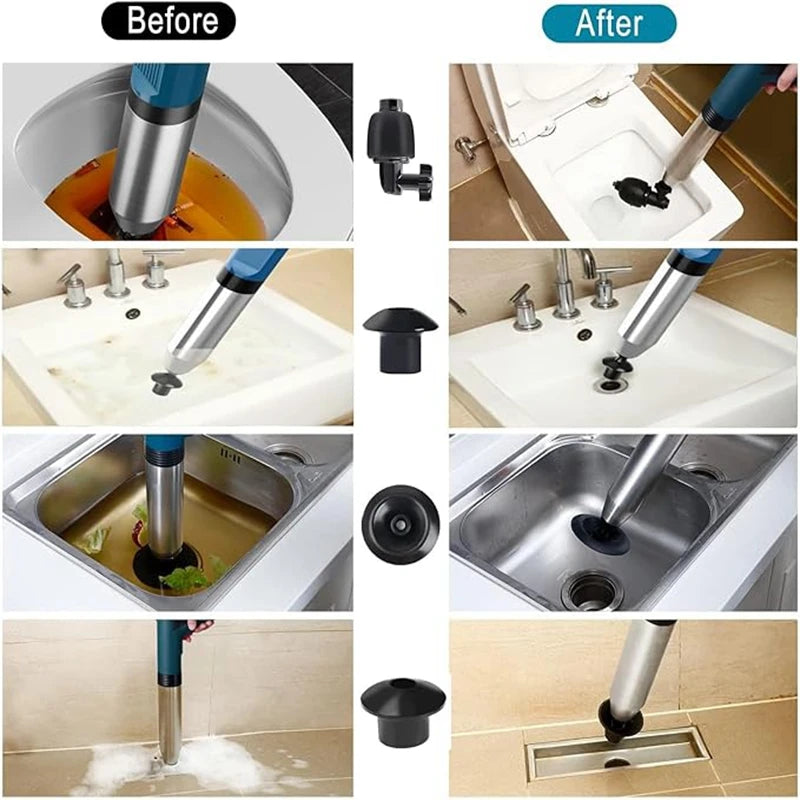 Before and after images showing a heavy-duty stainless steel toilet plunger cleaning process.