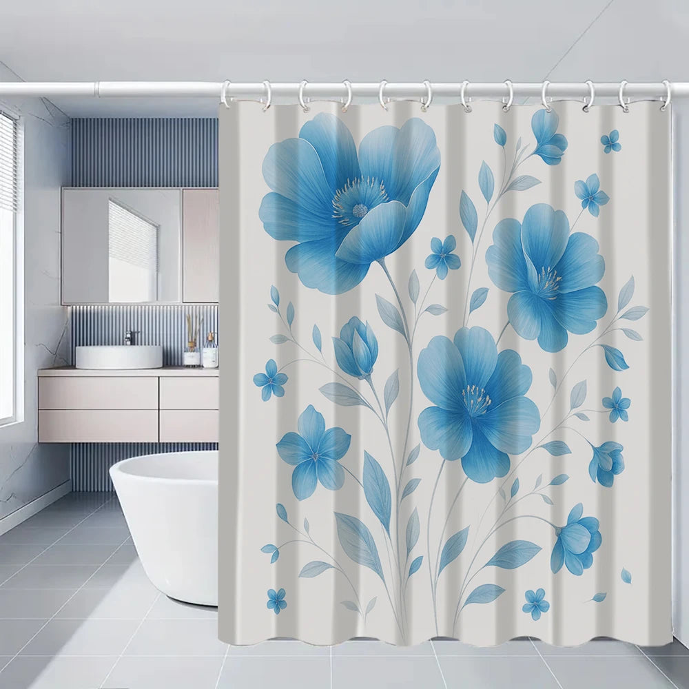 A shower curtain featuring a floral pattern of blue peonies and leaves for bathroom decor.