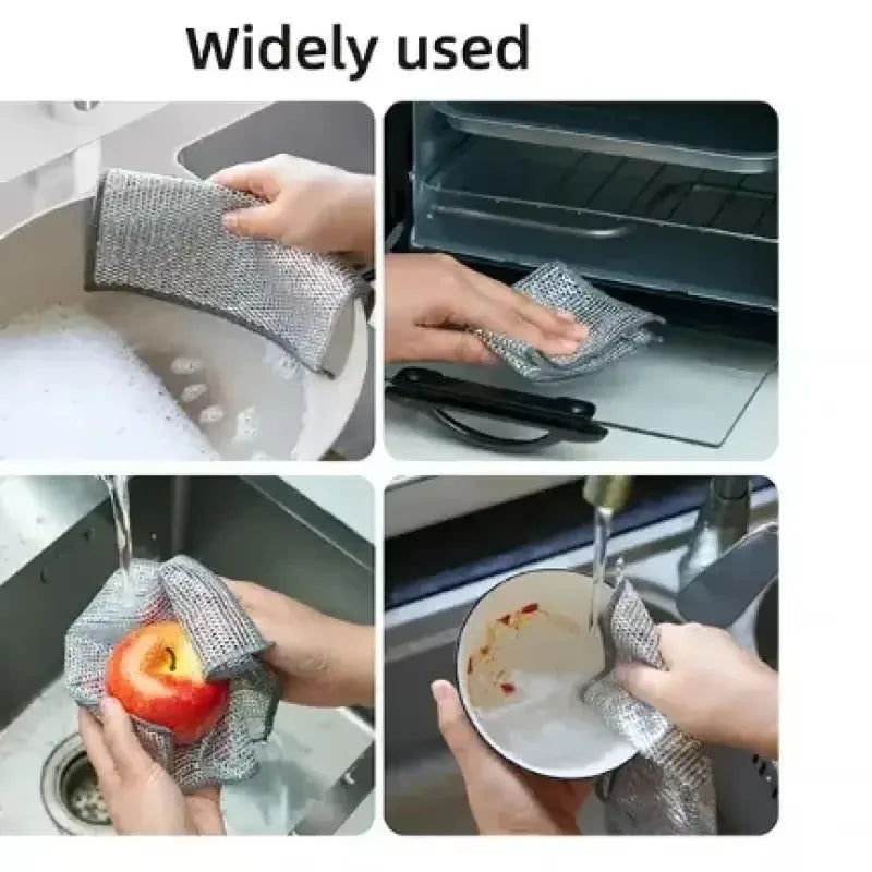 A collection of silver mesh cleaning cloths used for washing and cleaning kitchen dishes.