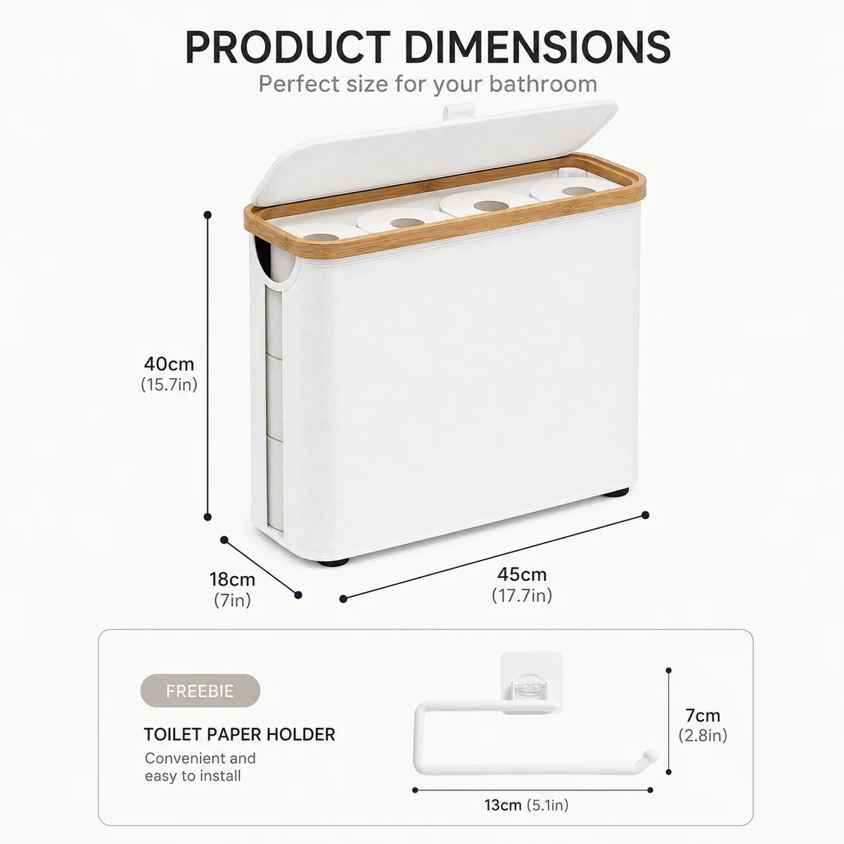 White foldable storage basket with a lid and toilet paper holder shown with dimensions.