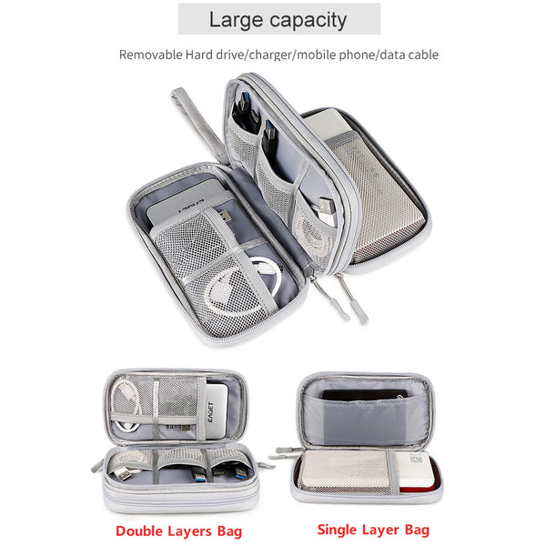 A set of waterproof cable organizers including a removable hard drive/charger and mobile phone/data cable, shown in single an