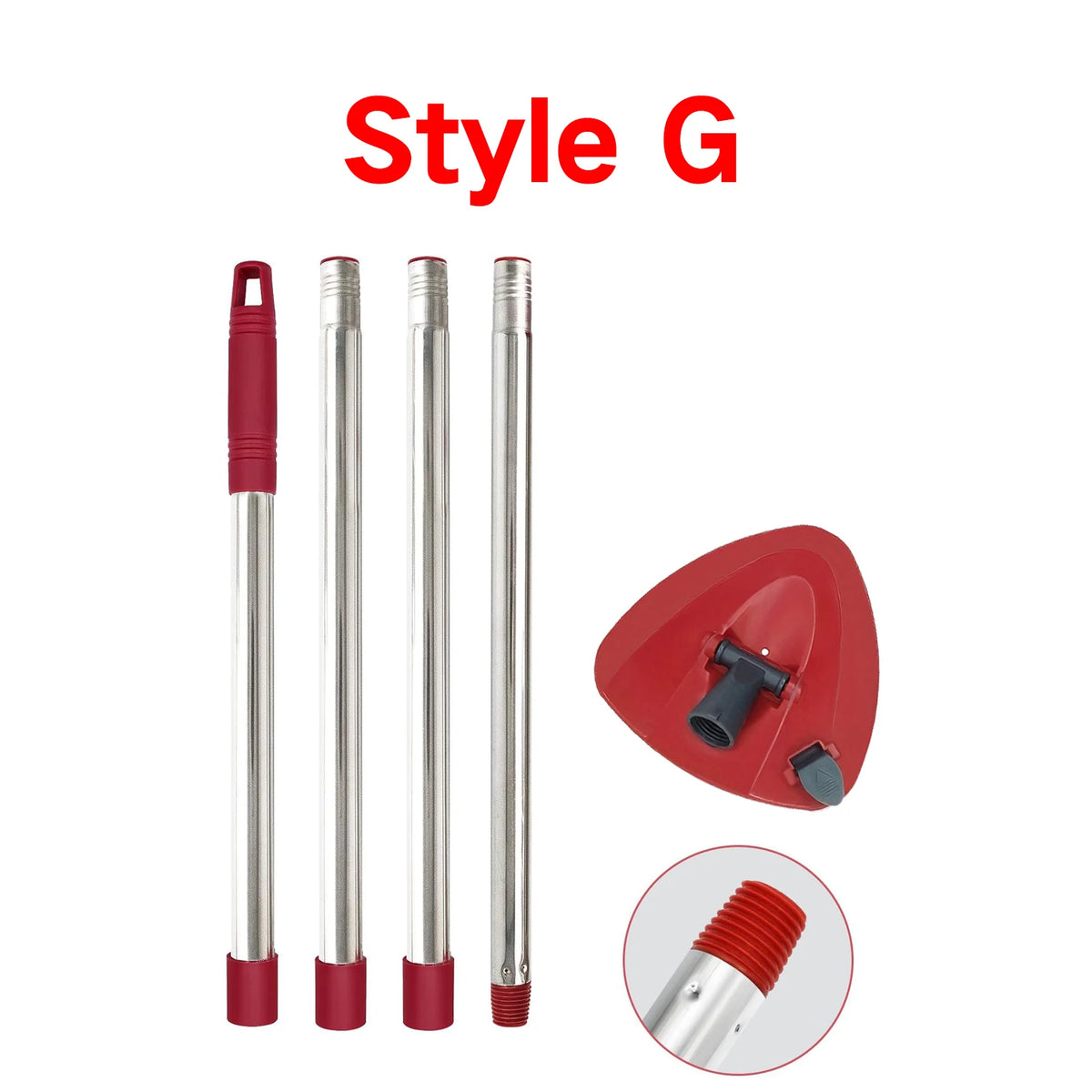 A set of Style G universal mop handle and base components, including a red handle and silver poles.