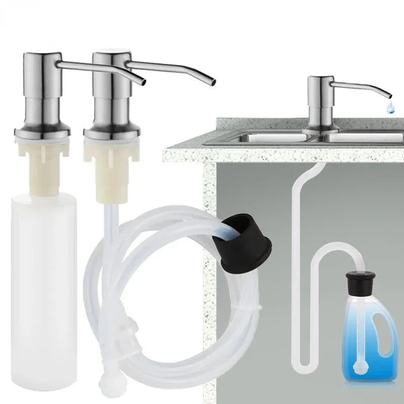 Stainless steel liquid soap dispenser with a flexible tube and a glass bottle