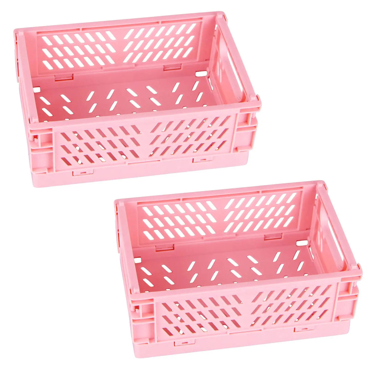 Two pink foldable plastic storage baskets with perforated bottoms.