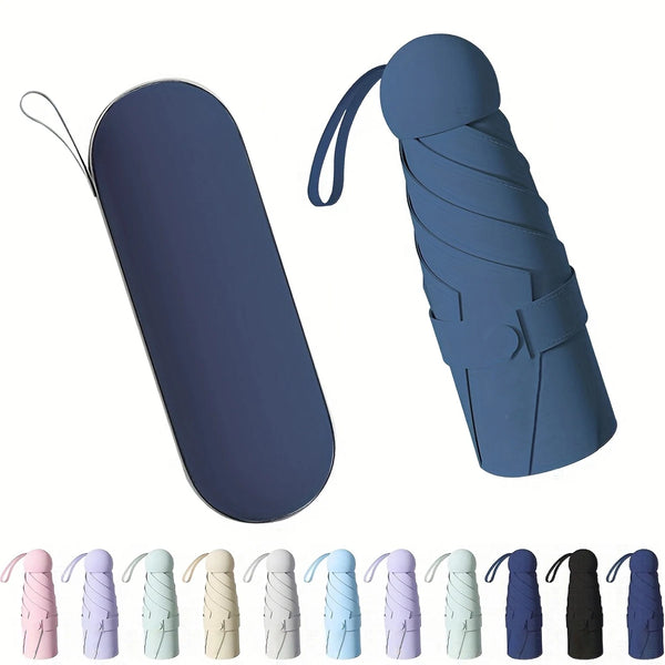 A collection of mini travel umbrellas in various colors and patterns shown side by side.